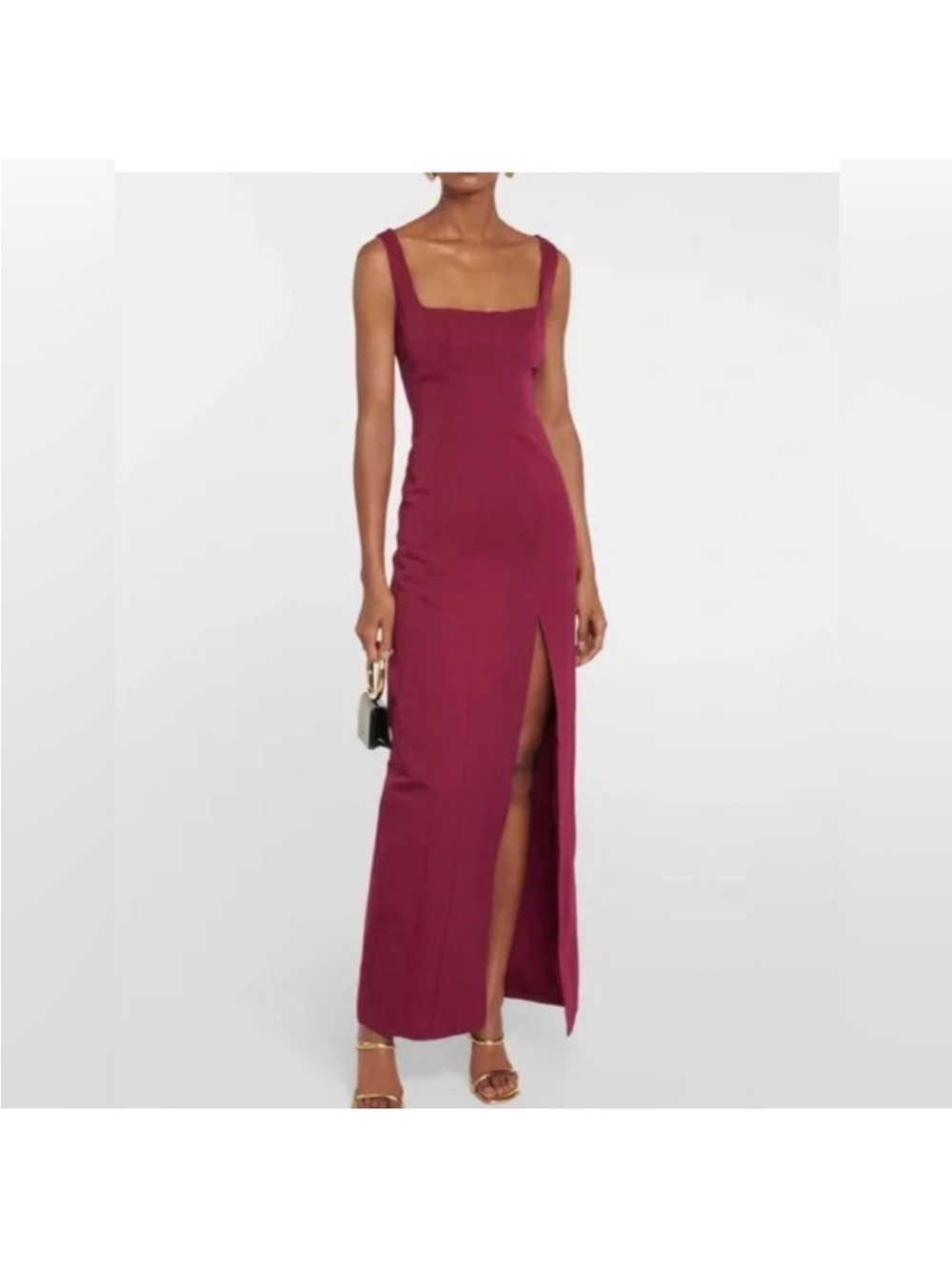 STAUD Portrait Dress Burgundy Square-Neck Maxi Dress with Thigh Slit